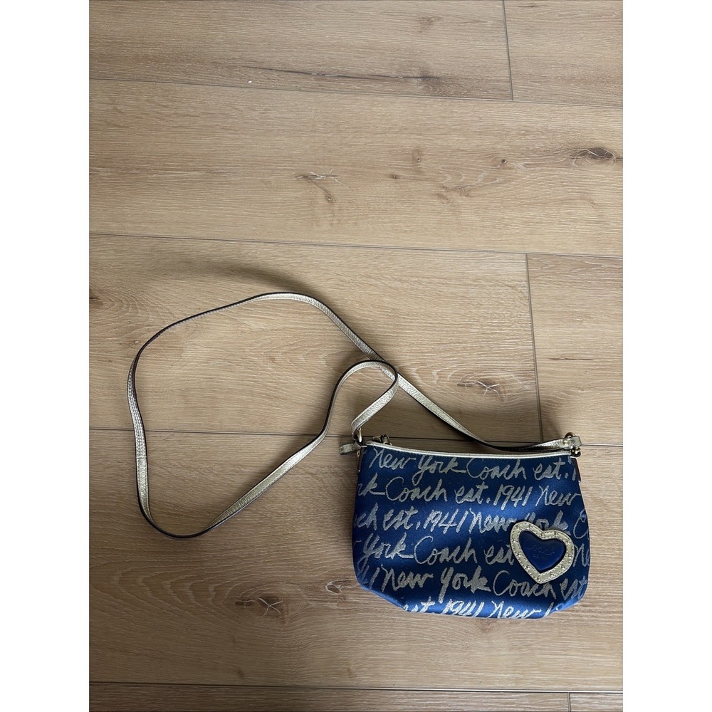 COACH POPPY Gold Canvas Heart Fabric Pouch Shoulder Bag Denim Navy Blue Women